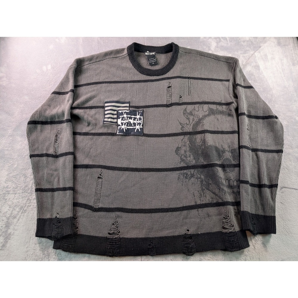 Hot Topic Mens Grey Black Striped Distressed Rib Cage Skull Sweater Large